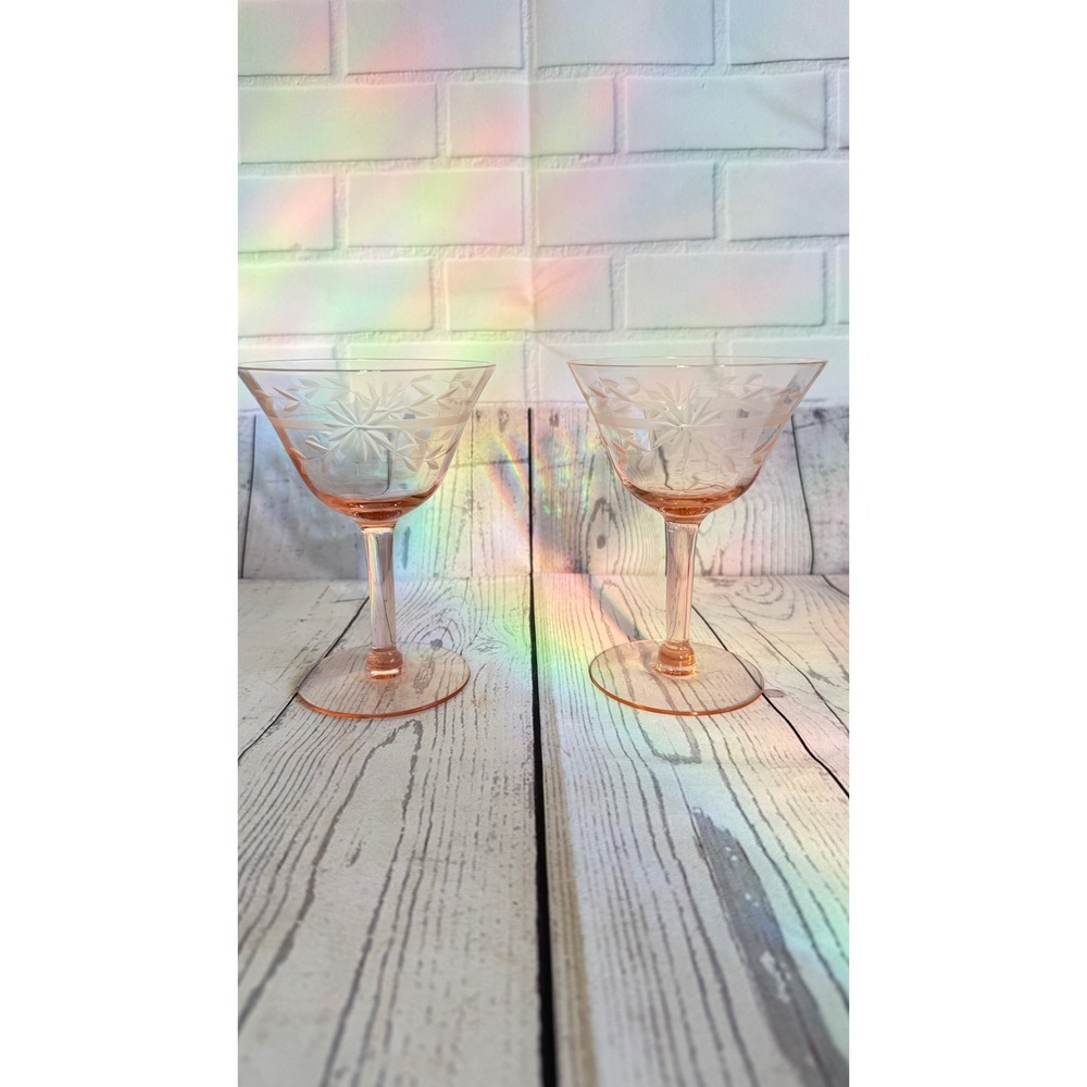 Vintage Pink Depression Glass Etched Floral Starburst Coupe Glasses Pair 5.25"